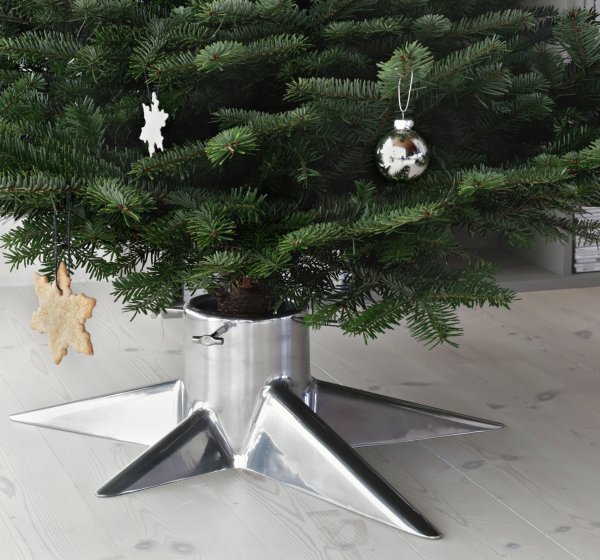 Swedish design on christmas tree stand in recycled aluminum